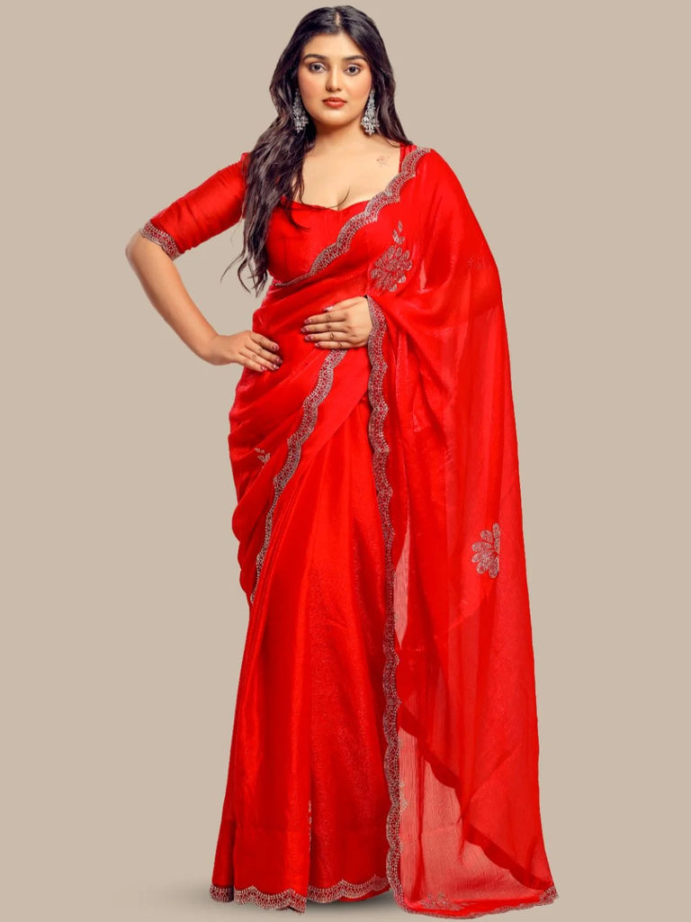 Charry Elegance: Fendy Saree with Floral Diamond Sparkle & Wavy Border