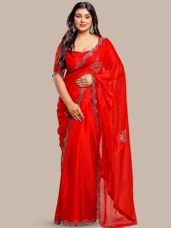 Charry Elegance: Fendy Saree with Floral Diamond Sparkle & Wavy Border