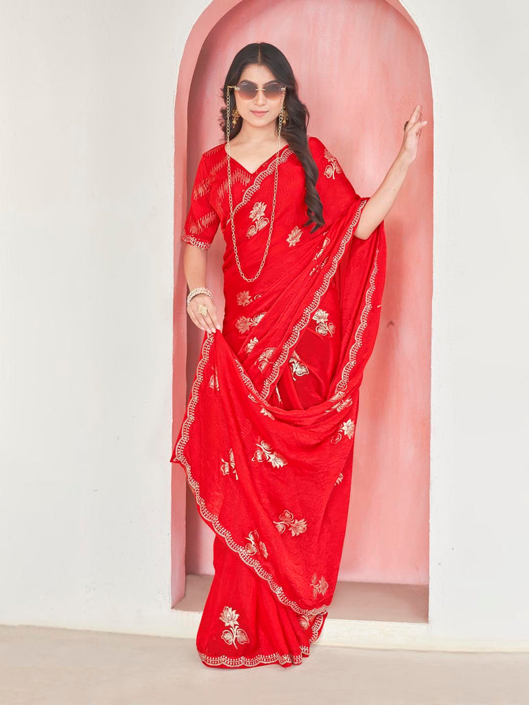 Discover Red Fendy Saree with Rose Print, Diamond Accents & Wavy Lace Border