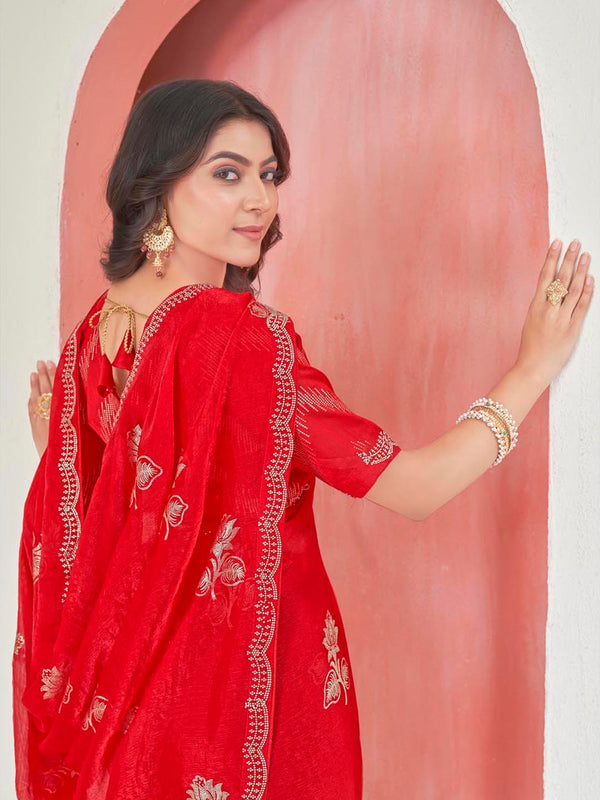 Discover Red Fendy Saree with Rose Print, Diamond Accents & Wavy Lace Border