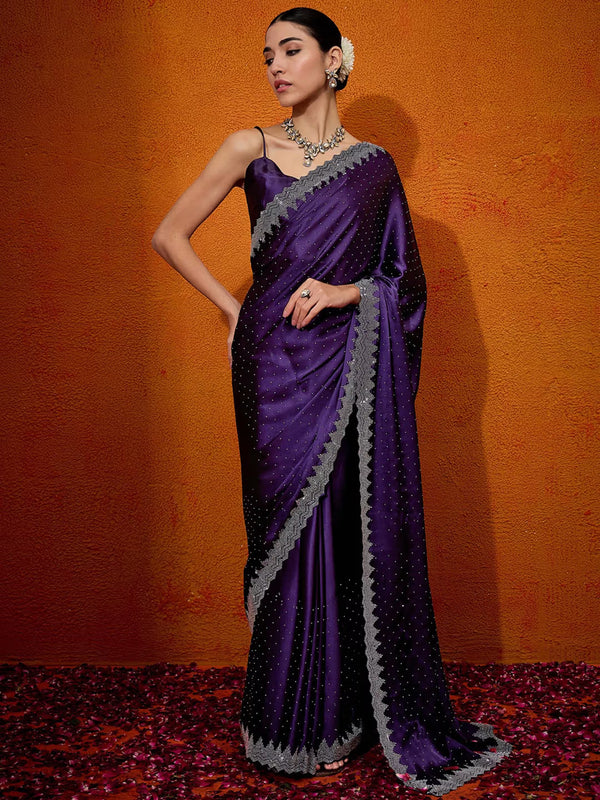 Sleek Crepe Saree with Statement Pyramid Border & Diamond Embellishment Purple