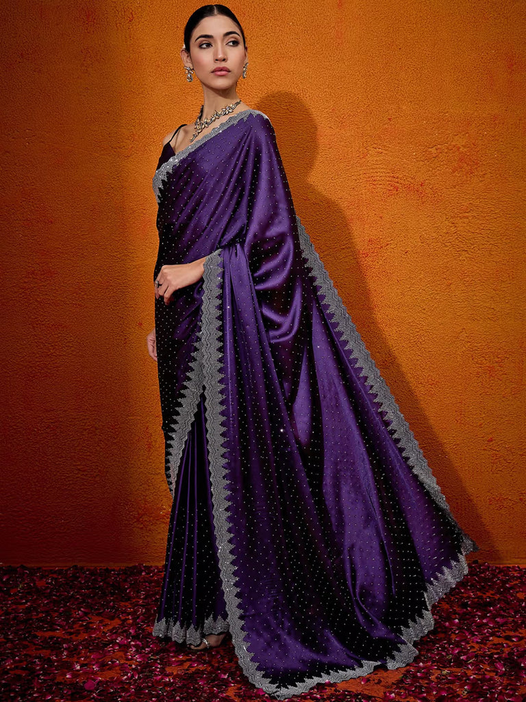Sleek Crepe Saree with Statement Pyramid Border & Diamond Embellishment Purple