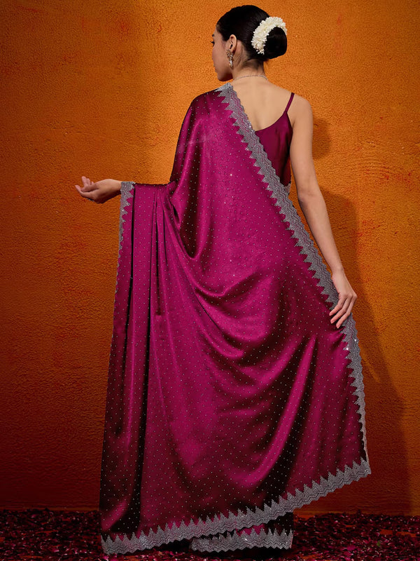 Sleek Crepe Saree with Statement Pyramid Border & Diamond Embellishment Pink