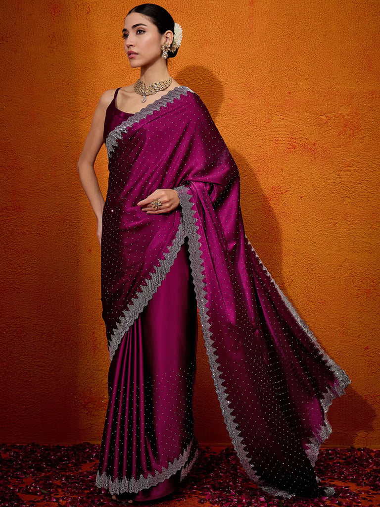 Sleek Crepe Saree with Statement Pyramid Border & Diamond Embellishment Pink