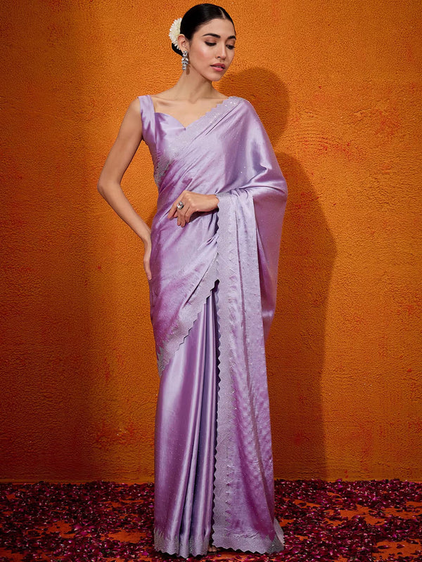 Sleek Crepe Saree with Statement Pyramid Border & Diamond Embellishment Lavender