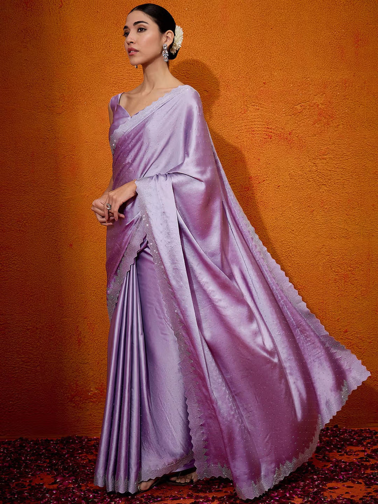 Sleek Crepe Saree with Statement Pyramid Border & Diamond Embellishment Lavender
