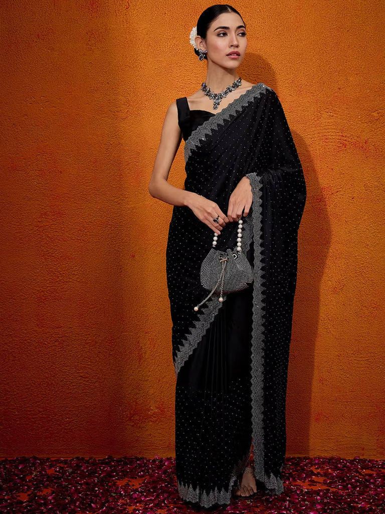 Sleek Crepe Saree with Statement Pyramid Border & Diamond Embellishment Black