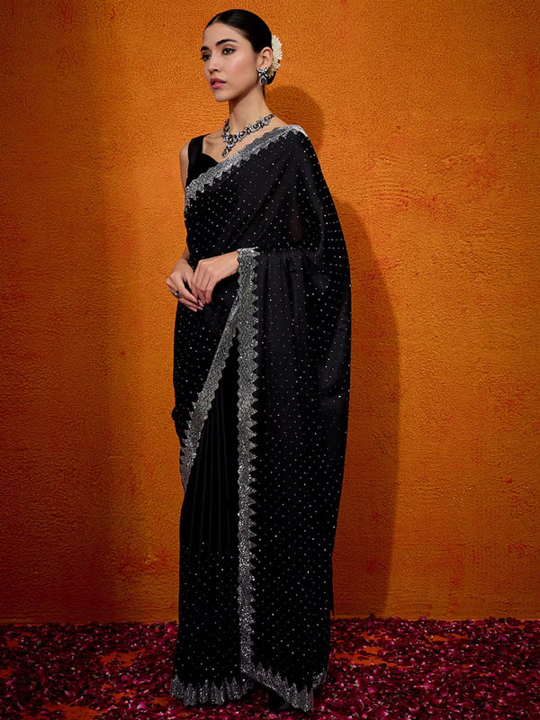 Sleek Crepe Saree with Statement Pyramid Border & Diamond Embellishment Black