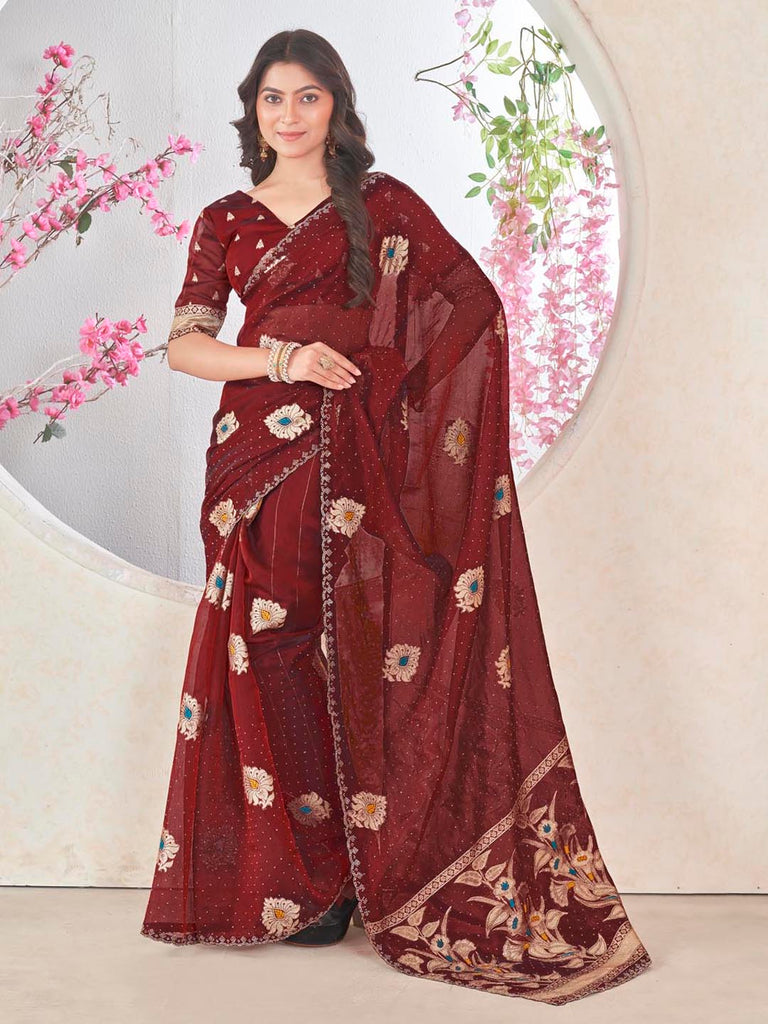 Dazzling Organza Saree with Shimmer Floral Pallu & Premium Wavy Border Maroon