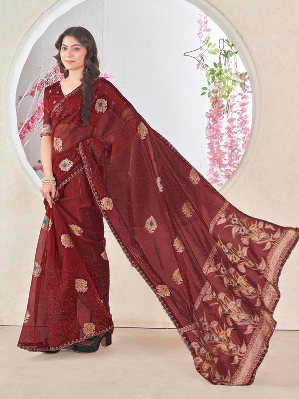 Dazzling Organza Saree with Shimmer Floral Pallu & Premium Wavy Border Maroon