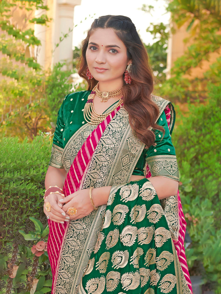 Festive Satin Silk Jacquard Saree with Peacock Pallu & Sparkling Diamond Trim