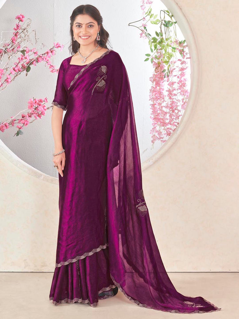 Wine Fendy Saree with Scattered Diamond Flowers & Designer Wavy Border