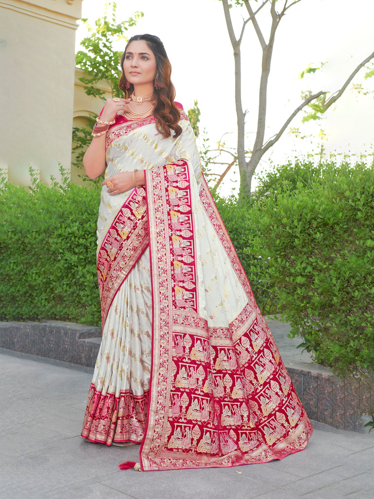 Elegant Satin Silk Saree with Botanical Pot Prints & Panihari Motifs