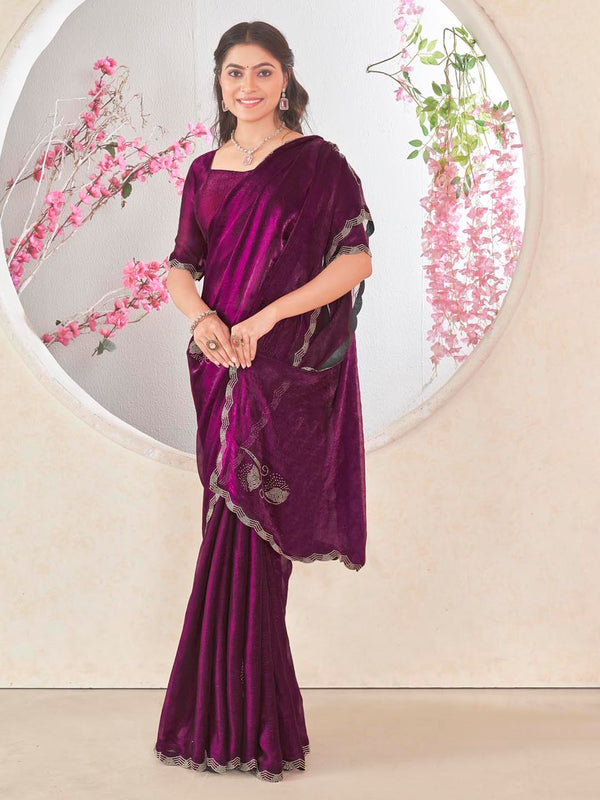 Wine Fendy Saree with Scattered Diamond Flowers & Designer Wavy Border