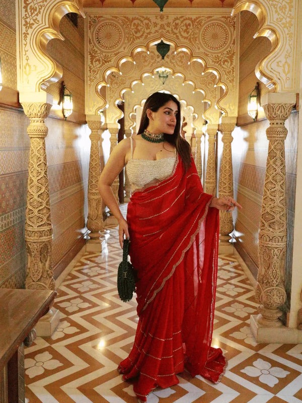 Shop Sophisticated Red Chiffon Silk Saree with Diamond Highlights & Wave Finish