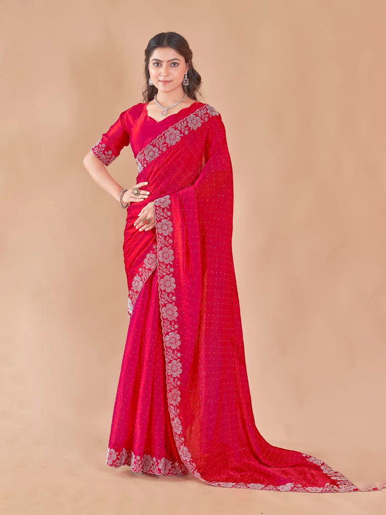 Charry Fendy Saree with Sprinkled Diamond Pallu & Fancy Floral Lace