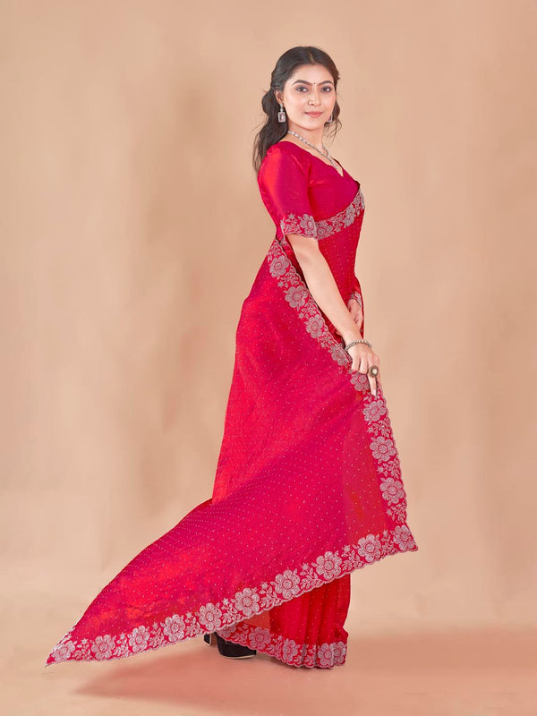 Charry Fendy Saree with Sprinkled Diamond Pallu & Fancy Floral Lace