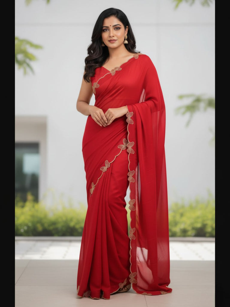 Red Luxury Saree with Shimmering Butterfly Diamond Border