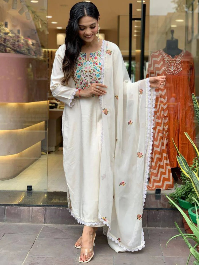 Chanderi Kurta Set with Dupatta for Festive Wear with Multi Color embroidery work