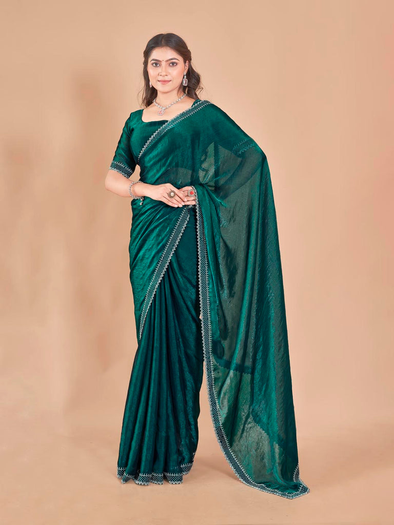 Designer Teal Saree with Sparkling Diamond Work & Pyramid Lace Border