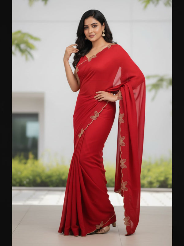 Red Luxury Saree with Shimmering Butterfly Diamond Border