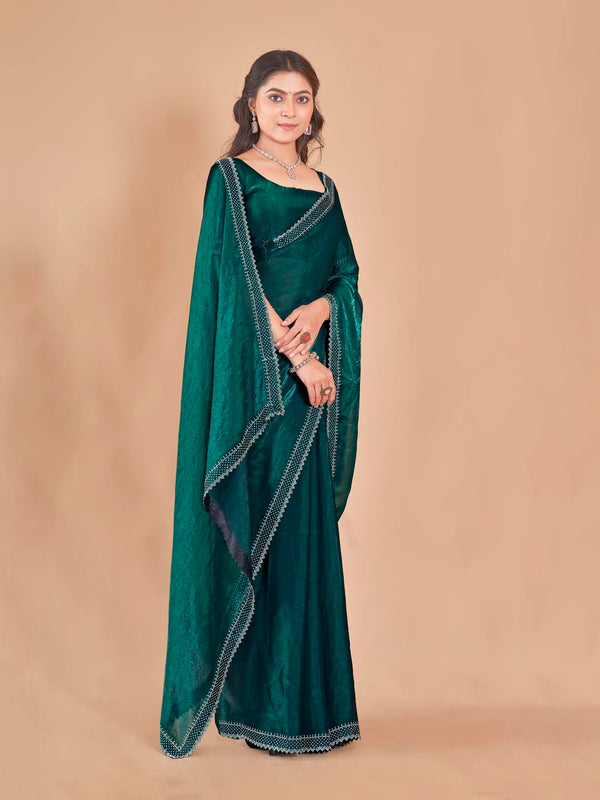 Designer Teal Saree with Sparkling Diamond Work & Pyramid Lace Border