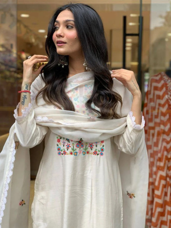 Chanderi Kurta Set with Dupatta for Festive Wear with Multi Color embroidery work