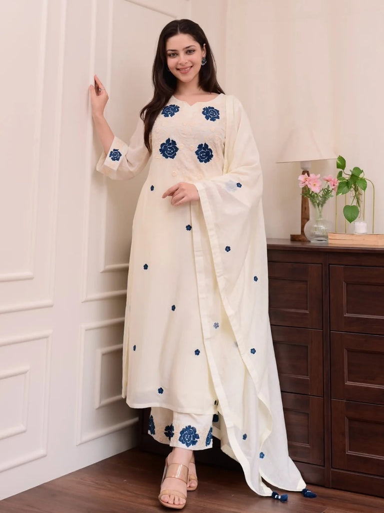 Elegant White Rayon Kurta Set with Blue Floral Embroidery & Chanderi Dupatta