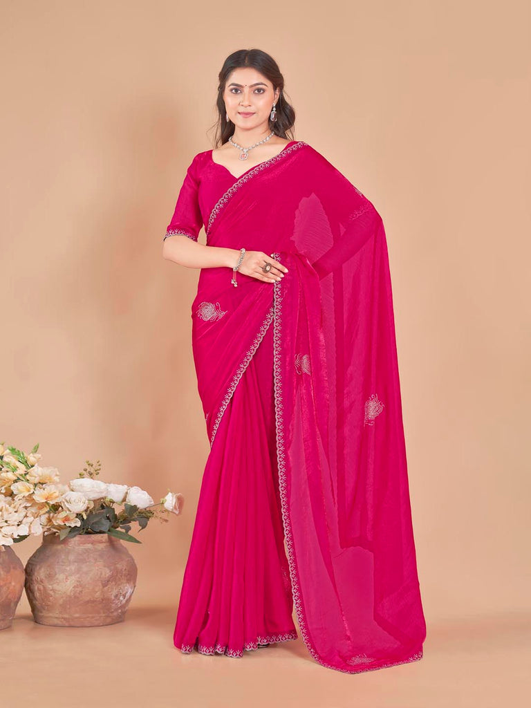 Pink Saree with Peacock Feather Pattern, Diamond Touch & Wavy Border Elegance