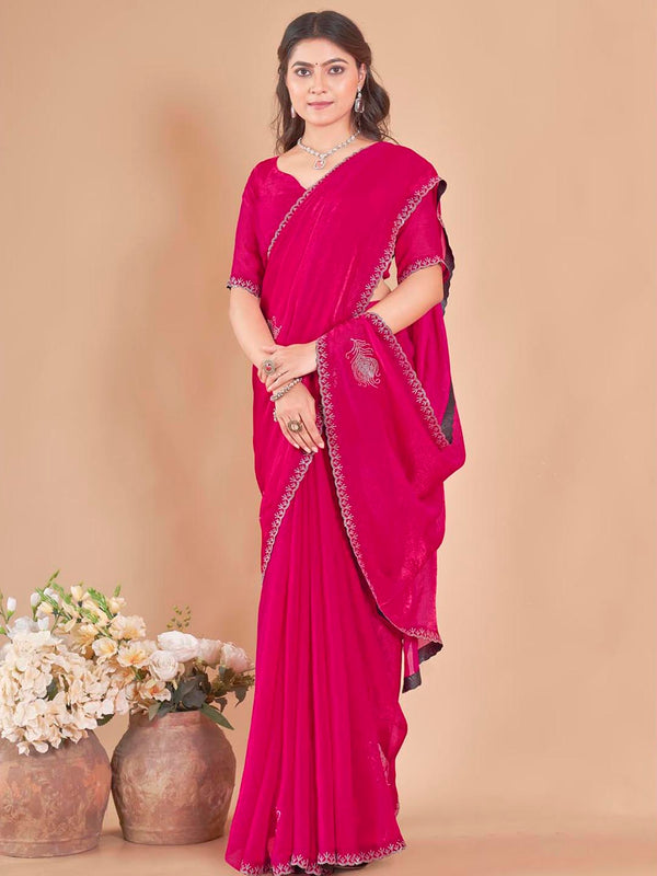 Pink Saree with Peacock Feather Pattern, Diamond Touch & Wavy Border Elegance