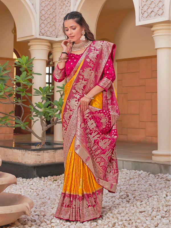 Heritage-Inspired Wedding Saree with Elephant, Bride & Groom Motifs in Pallu