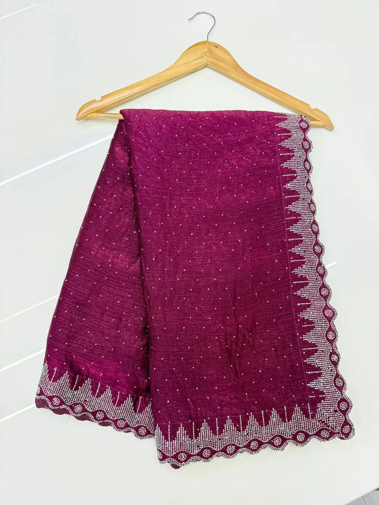 Wine jimmy choo Partywear Saree with Sparkling Diamond Lines and Elegant Border