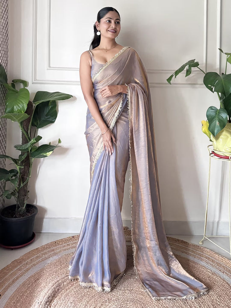 Designer Fendy Satin Saree with Gold-Tone Elegance & Designer Lace Border Grey