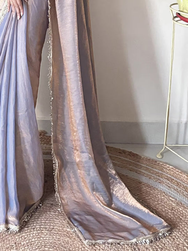 Designer Fendy Satin Saree with Gold-Tone Elegance & Designer Lace Border Grey