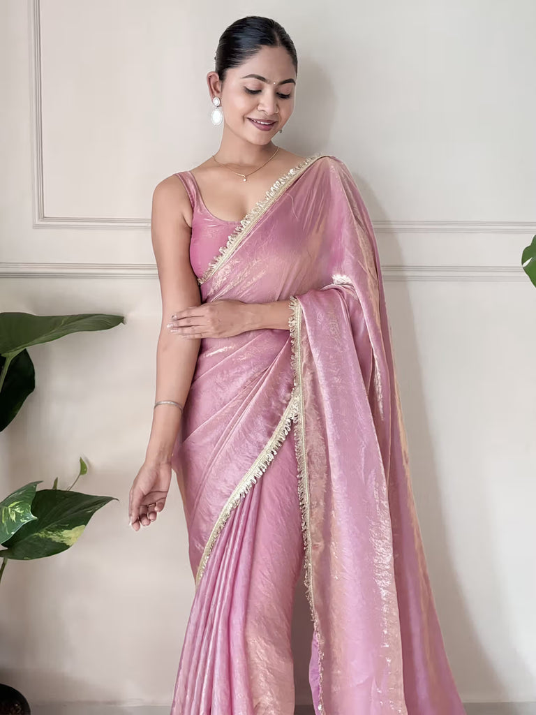 Designer Fendy Satin Saree with Gold-Tone Elegance & Designer Lace Border Mauve