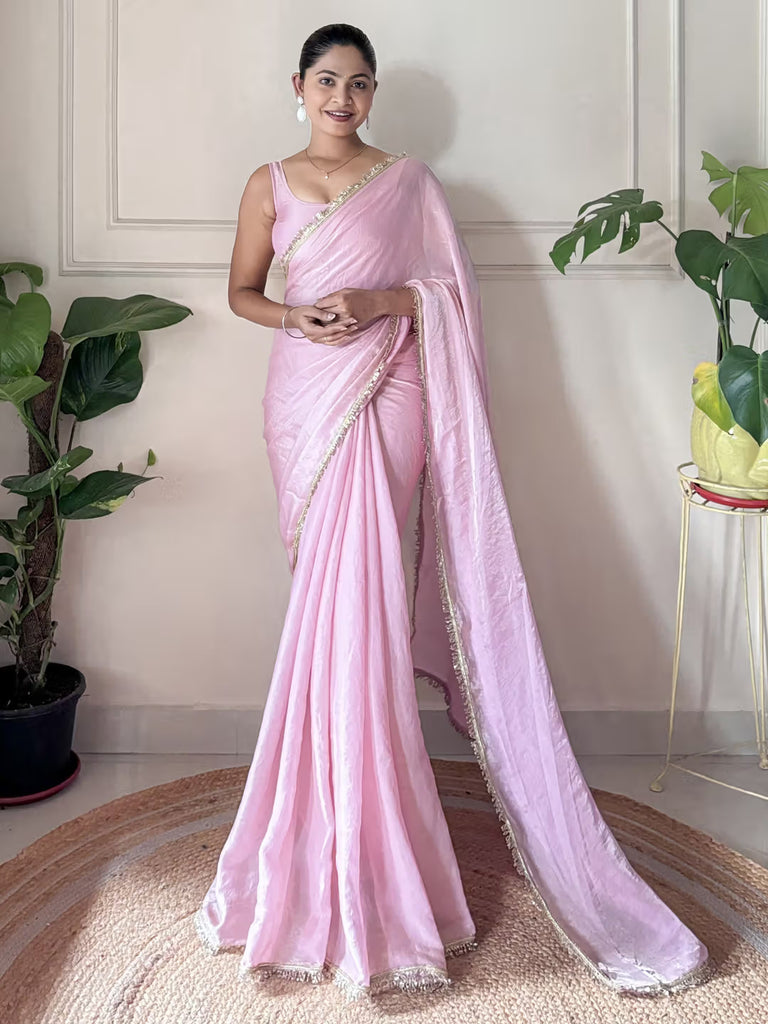 Designer Fendy Satin Saree with Gold-Tone Elegance & Designer Lace Border Pink