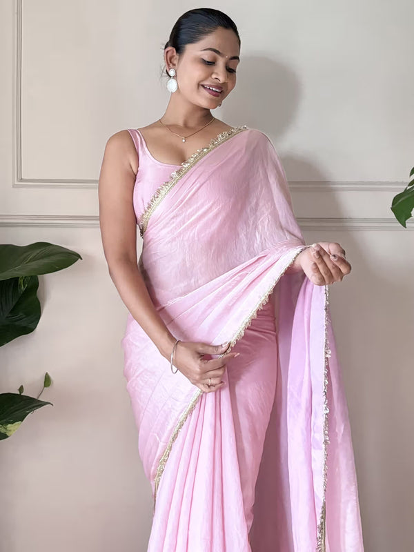Designer Fendy Satin Saree with Gold-Tone Elegance & Designer Lace Border Pink