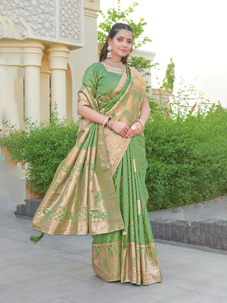 Pista Designer Silk Saree with Golden Bloom Motifs & Diamond Detailing