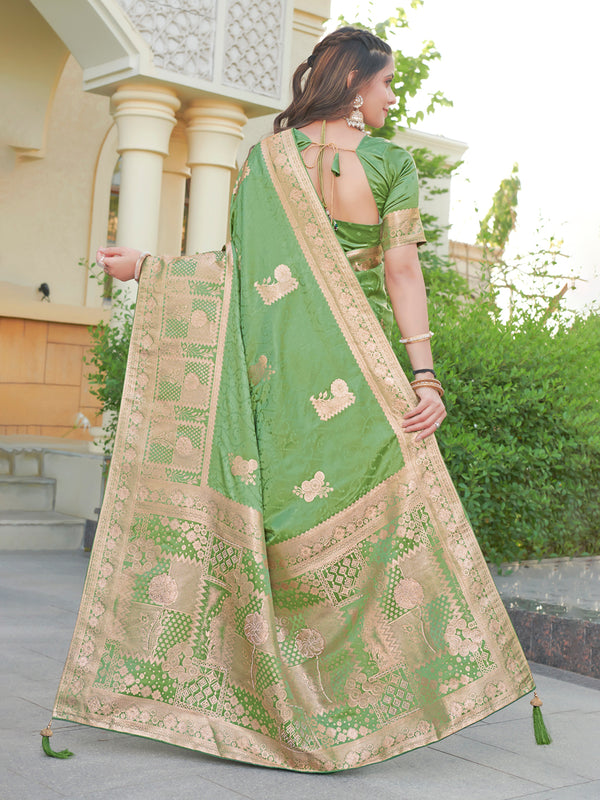 Pista Designer Silk Saree with Golden Bloom Motifs & Diamond Detailing