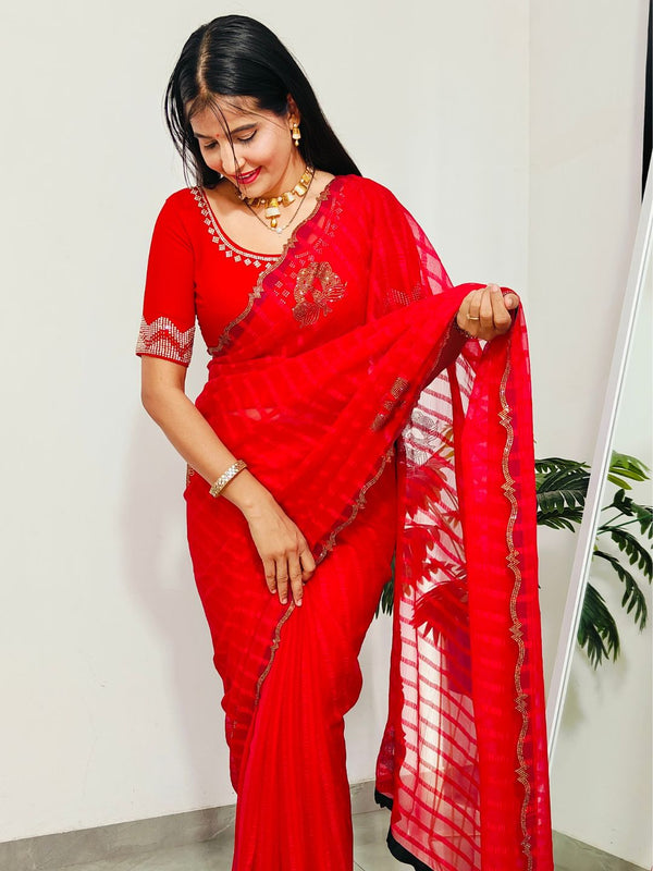 Regal Red Jimmy Choo Saree with Diamond-Studded Peacock Buttas & Wavy Designer Border