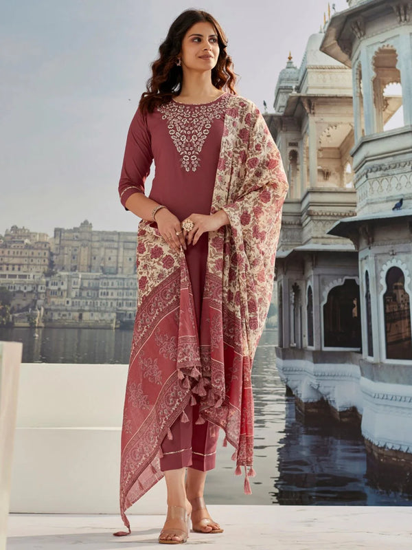Cotton Silk Embroidered Kurti Set with Chanderi Cotton Dupatta
