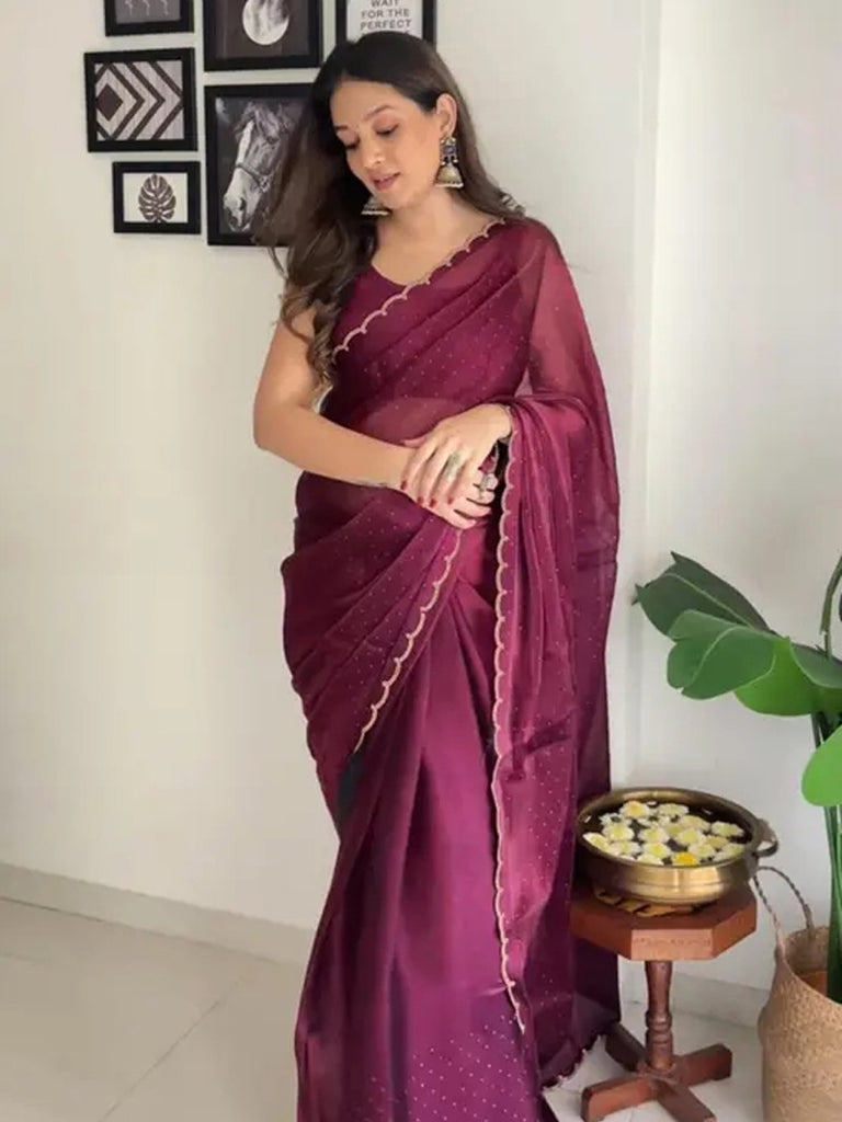 Purple Designer Saree with Scattered Diamond Pallu & Premium Wave Lace
