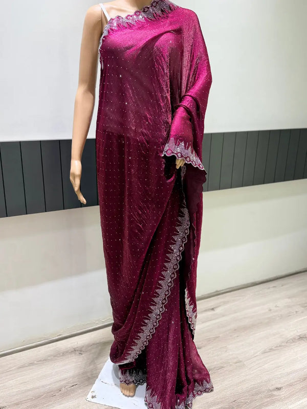Wine jimmy choo Partywear Saree with Sparkling Diamond Lines and Elegant Border