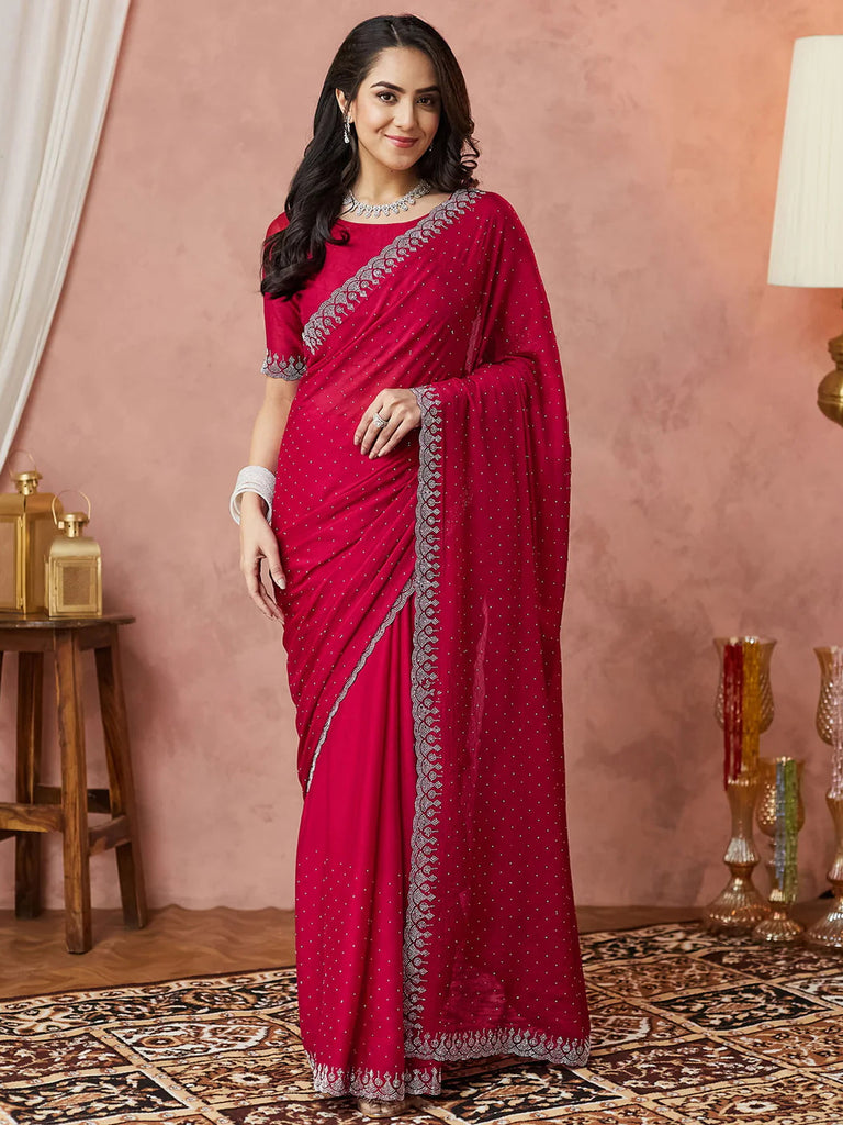 Diamond-Adorned Fendy Saree with Pyramids Border & Weavy Design Red