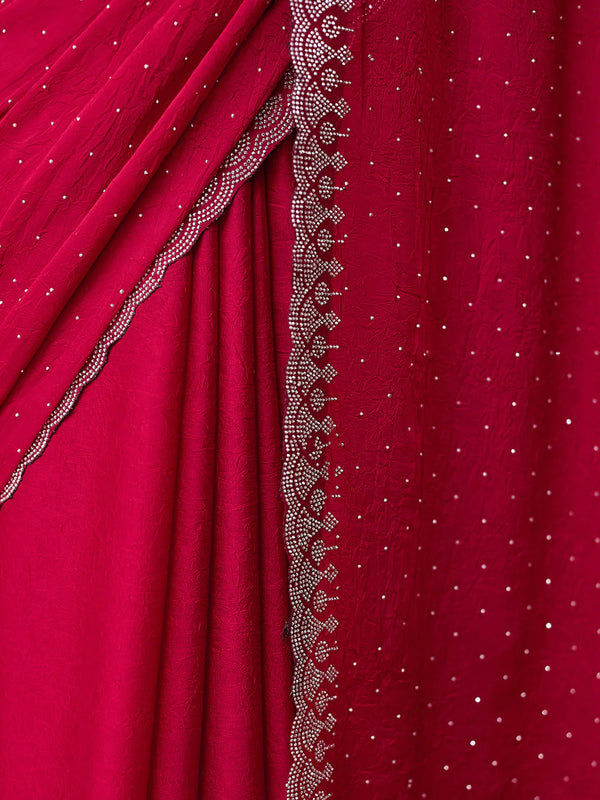 Diamond-Adorned Fendy Saree with Pyramids Border & Weavy Design Red