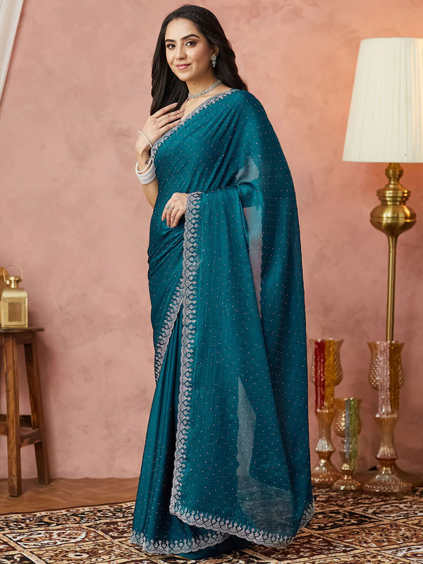 Diamond-Adorned Fendy Saree with Pyramids Border & Weavy Design Teal