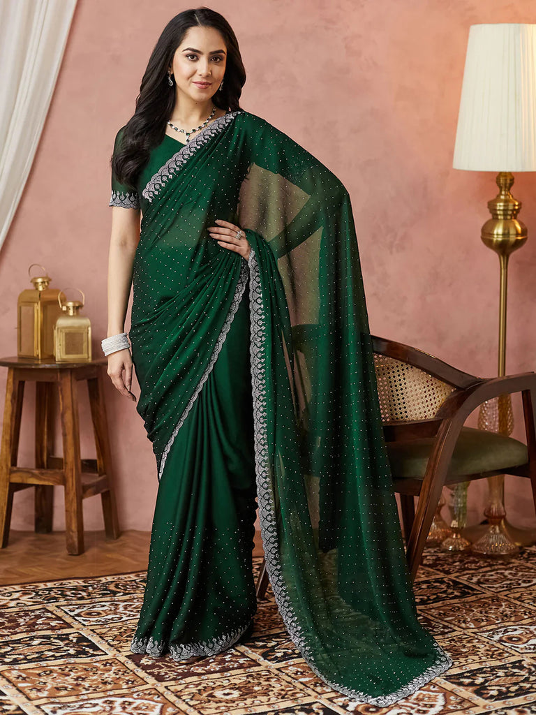 Diamond-Adorned Fendy Saree with Pyramids Border & Weavy Design Green