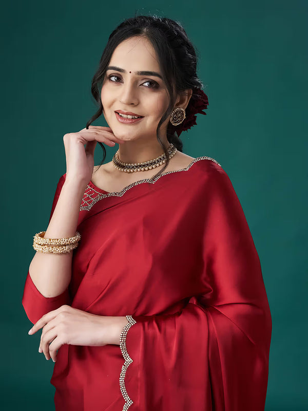 Elegant Crepe Drape with Wavy Diamond Lace & Embellished Blouse Marron