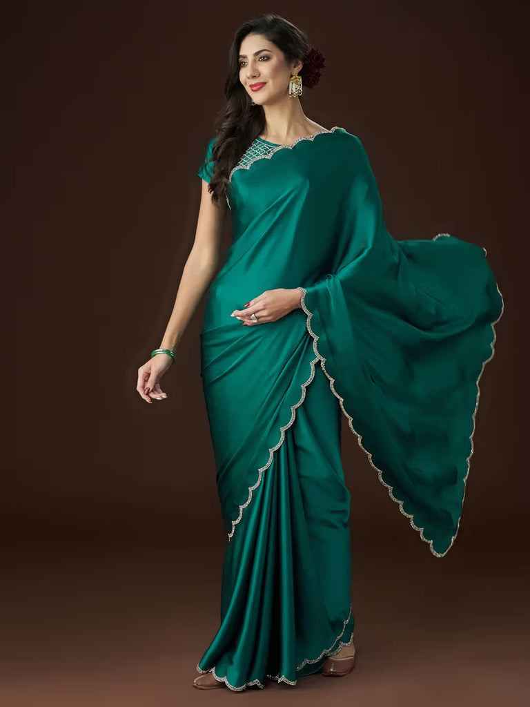 Elegant Crepe Drape with Wavy Diamond Lace & Embellished Blouse Green