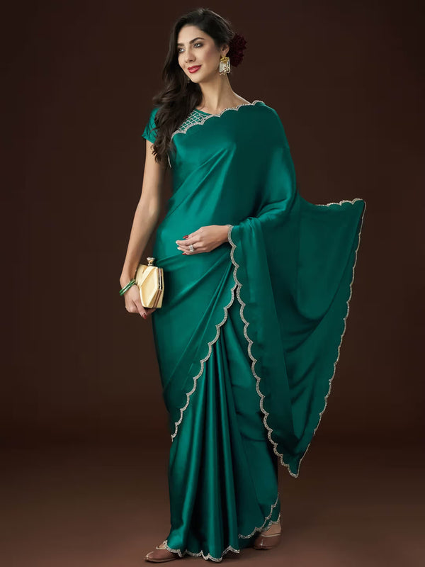 Elegant Crepe Drape with Wavy Diamond Lace & Embellished Blouse Green